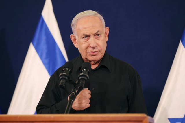 <p>File: Israeli prime minister Benjamin Netanyahu speaks during a news conference in the Kirya military base in Tel Aviv, Israel, on 28 October2023</p>