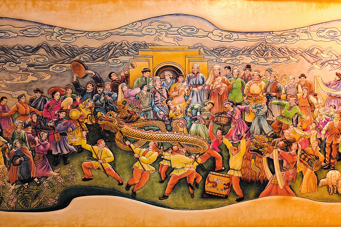 An energetic scene depicts folk customs, including musical performances