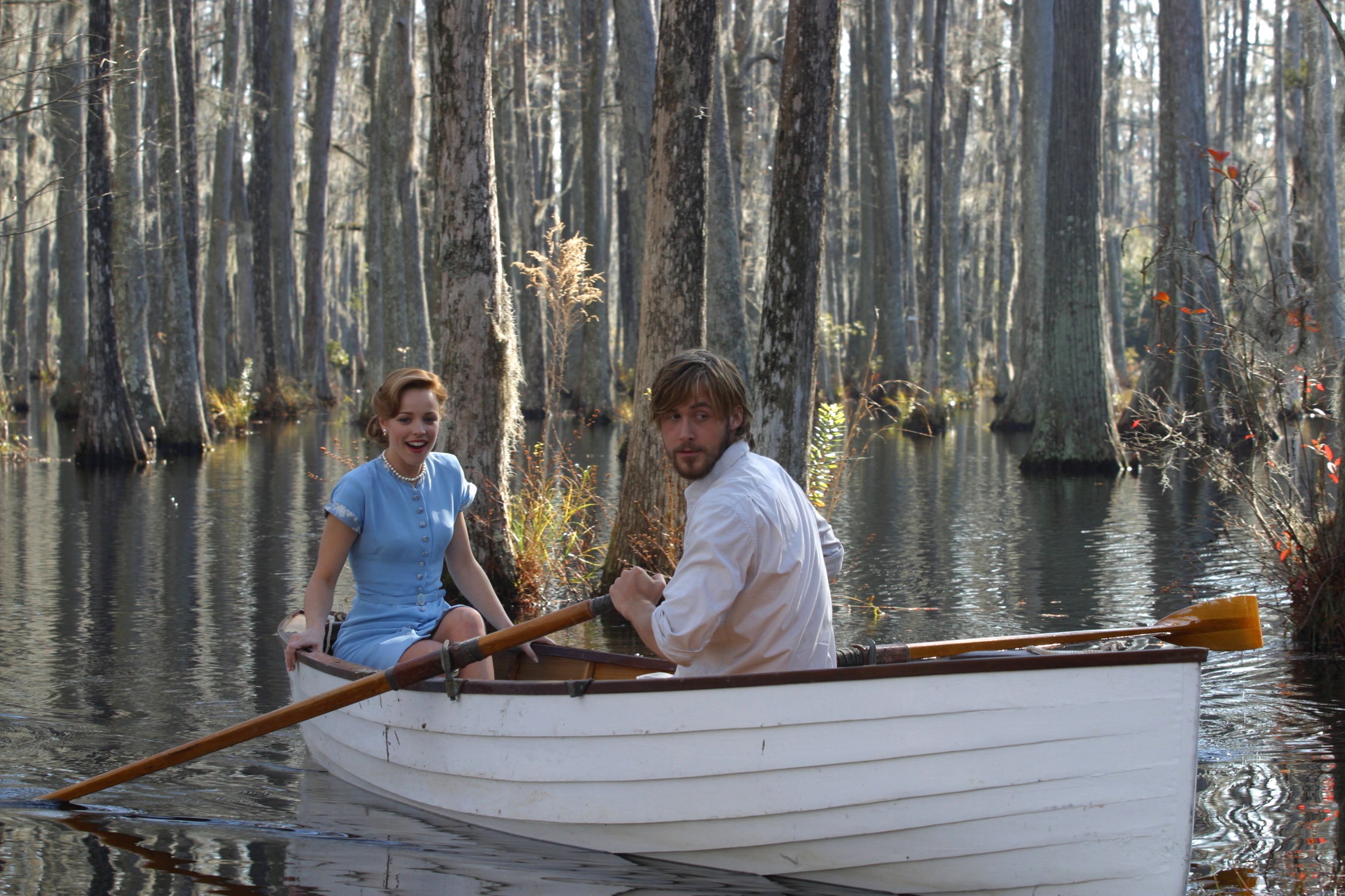 The rowing boat scene is set in summer but was filmed in chilly winter temperatures
