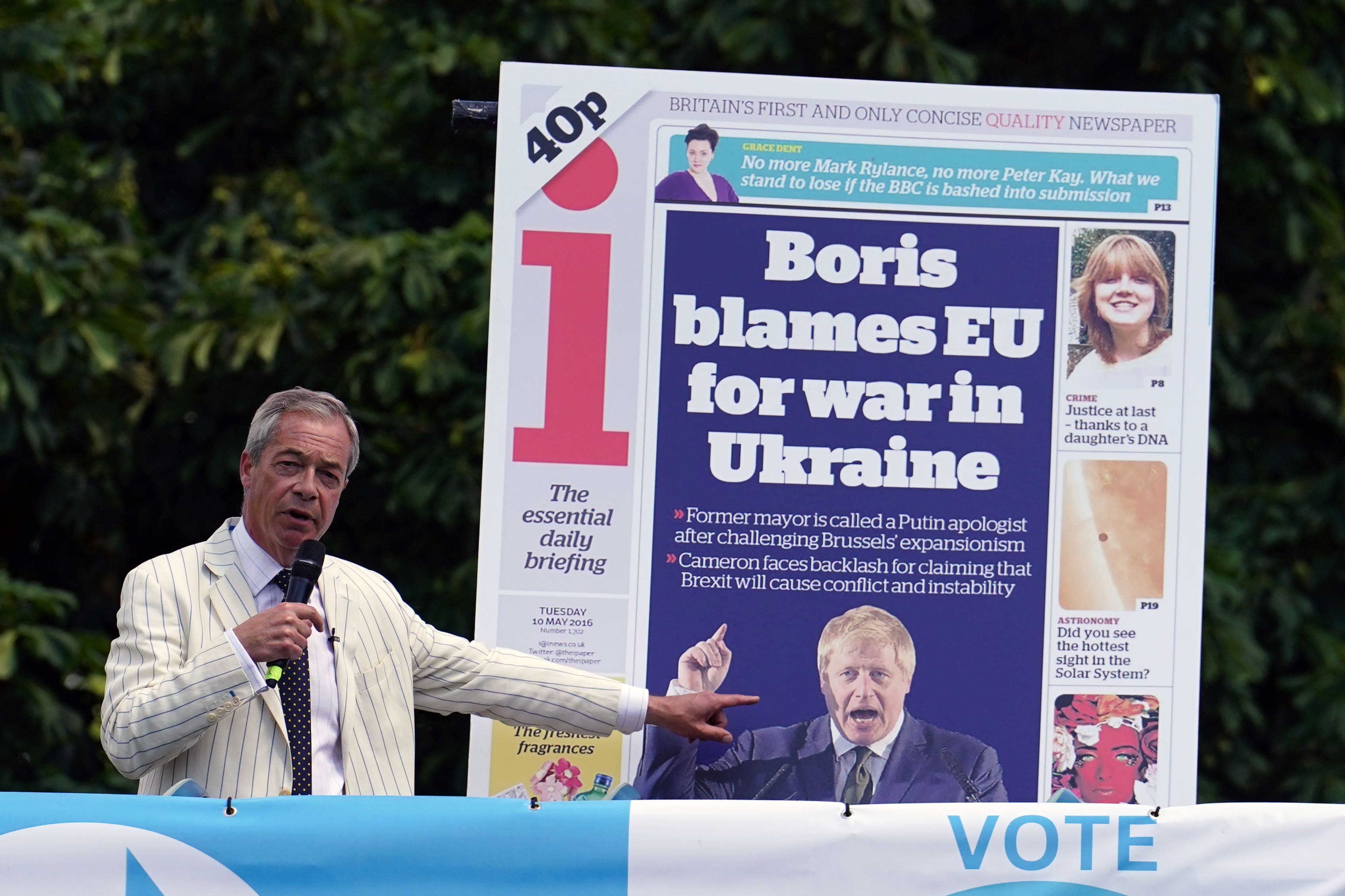Reform UK leader Nigel Farage said he would ‘never, ever defend’ Russian President Vladimir Putin, as he ramped up his row with former prime minister Boris Johnson (Jordan Pettitt/PA)