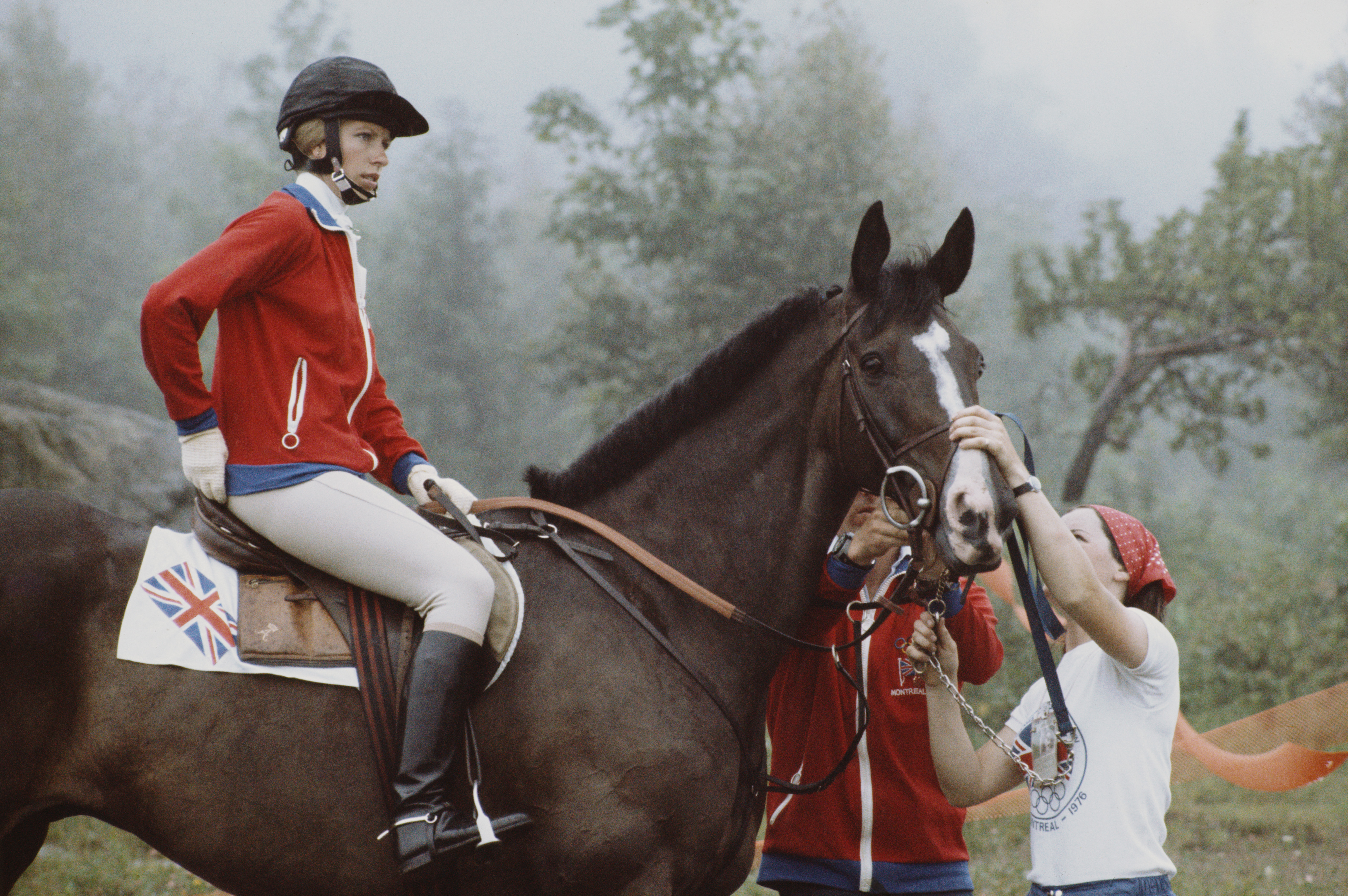 Anne aboard Goodwill during the Mixed Three-Day Event Team Cross-Country at the 1976 Olympics