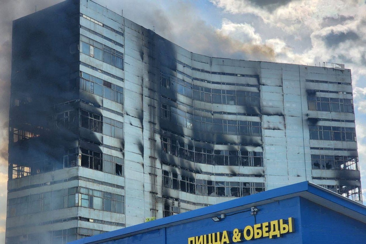 Smoke billows from a burning administrative building in Fryazino in the Moscow region