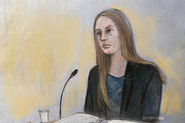 Court artist drawing of Lucy Letby giving evidence during her trial at Manchester Crown Court, where she is accused of attempting to murder a baby girl in February 2016 (Elizabeth Cook/PA)