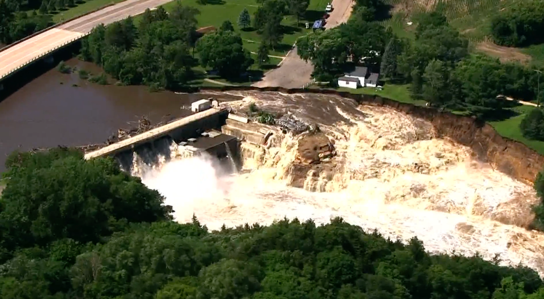 The Rapidan Dam, pictured, partially failed on Monday due to rushing waters and debris build up