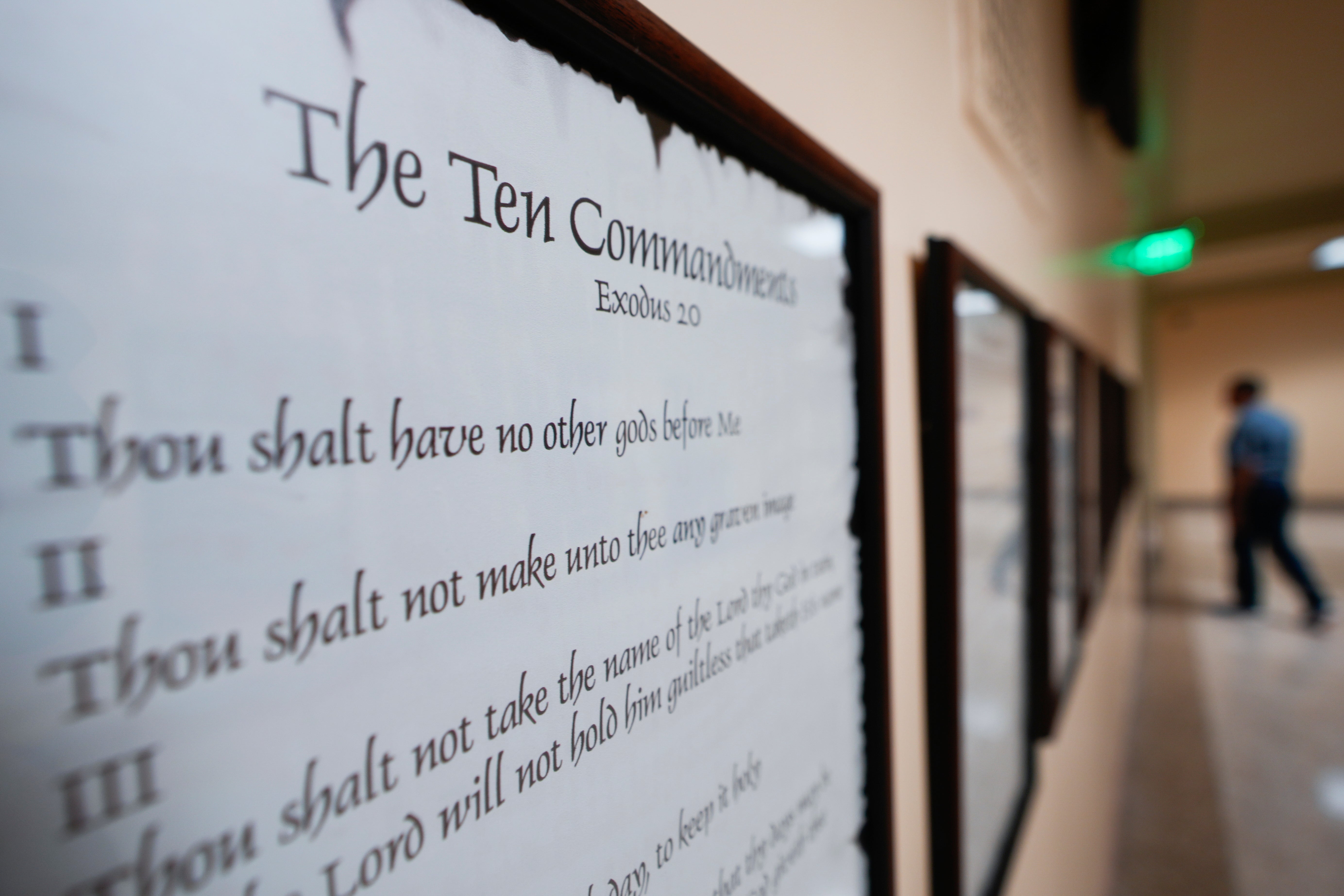 FILEA copy of the Ten Commandments is posted along with other historical documents in a hallway of the Georgia Capitol on June 20. Civil liberties groups filed a lawsuit on June 24 challenging Louisiana’s mandate that public school classrooms display the Ten Commandments.