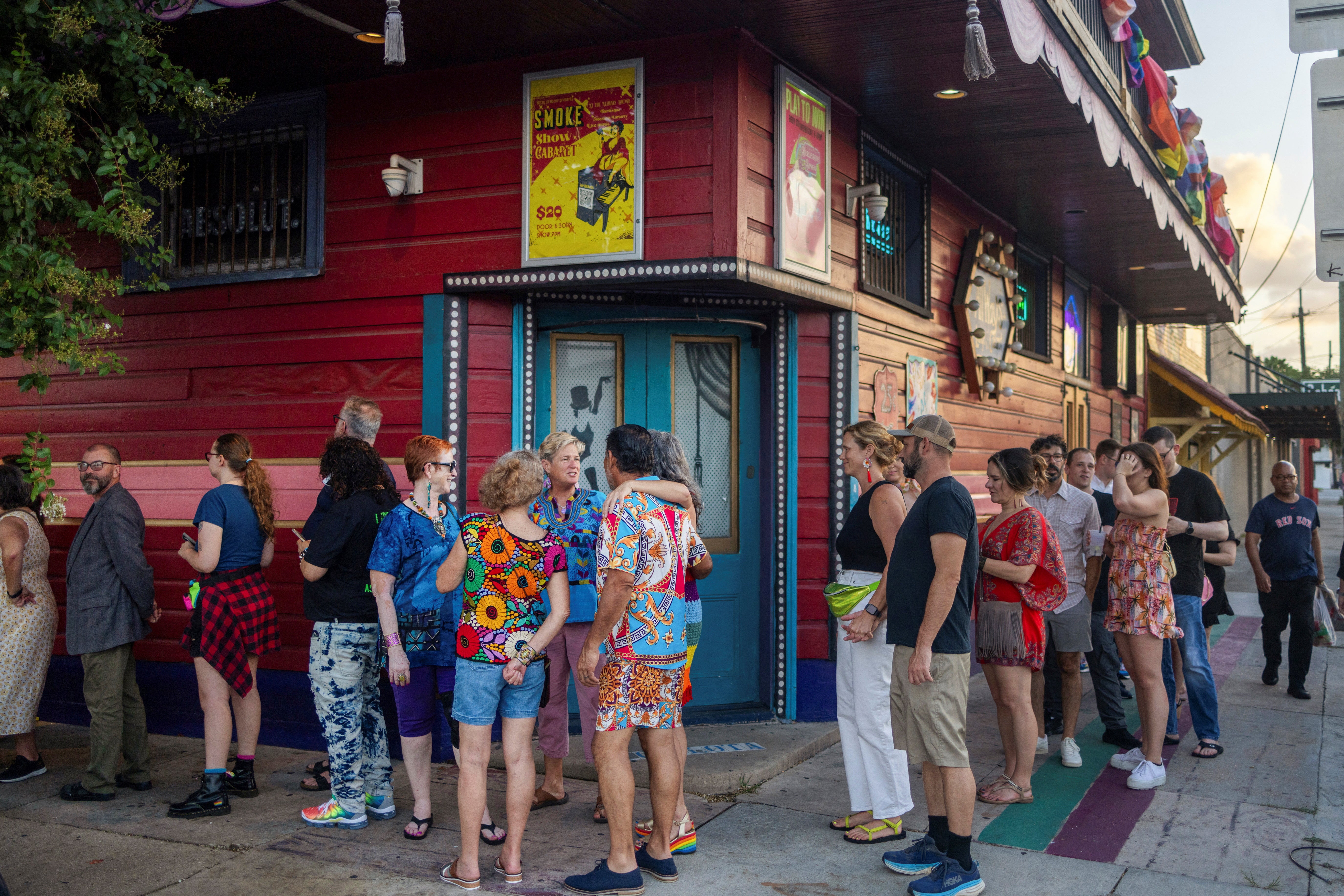 A line of people wait outside the venue for Stormy Daniels’ comedy show in New Orleans, Louisiana on June 19, 2024. Daniels played a star role in Donald Trump’s hush money trial and is now pivoting to stand-up comedy