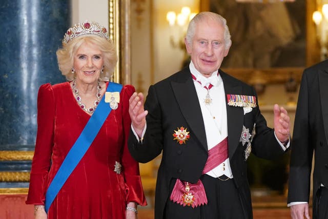 <p>The Queen and King ahead of the state banquet at Buckingham Palace (Yui Mok/PA)</p>