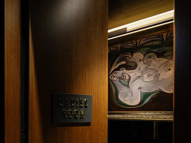 <p>The ladies’ restroom where the Picassos from the Ladies Lounge exhibit have been moved</p>