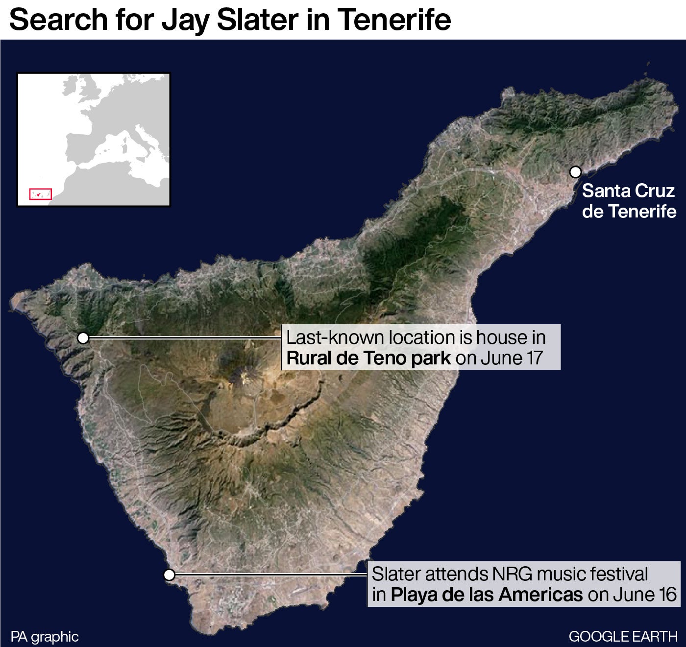 A map of Jay Slater’s last known whereabouts in Tenerife