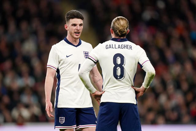 England’s Declan Rice (left) and England’s Conor Gallagher during the friendly against Brazil. (Mike Egerton/PA)