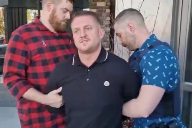 <p>Tommy Robinson, whose real name is Stephen Yaxley Lennon, was filmed being arrested on Monday</p>