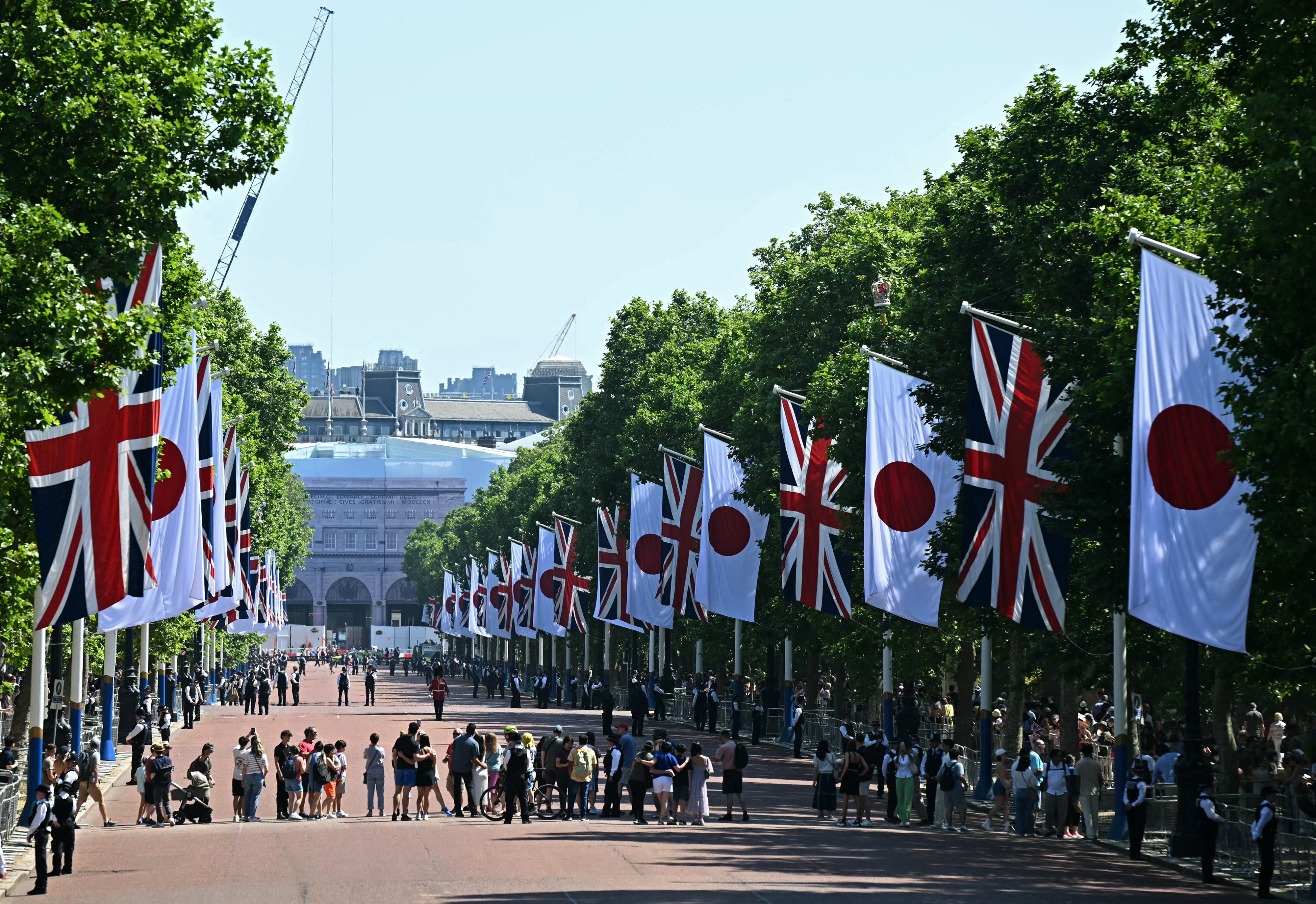 The Mall has been decorated with both Union Jacks and the Japanese flag.