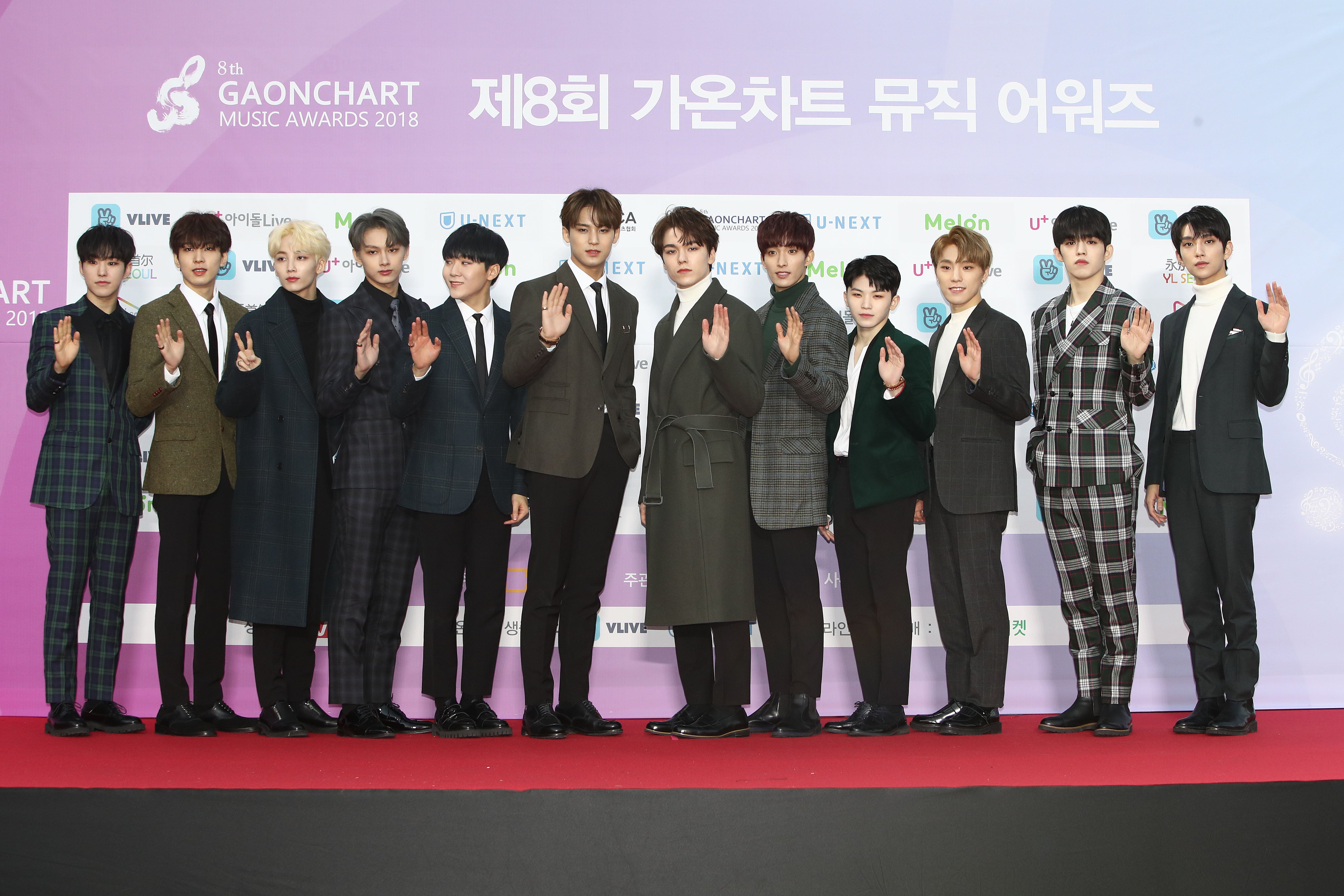 South Korean boy band SEVENTEEN attends the 8th Gaon Chart K-Pop Awards on 23 January, 2019 in Seoul, South Korea