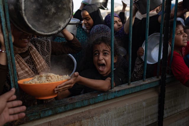 <p>Palestinian children collect food donated by charities in Khan Younis, Gaza</p>