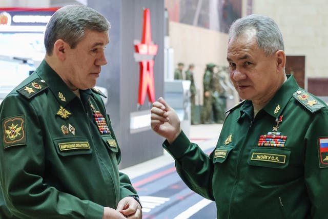 <p>Former Russian defence minister Sergei Shoigu, right, gestures as he speaks to chief of the general staff Valery Gerasimov in Moscow in December 2023 </p>