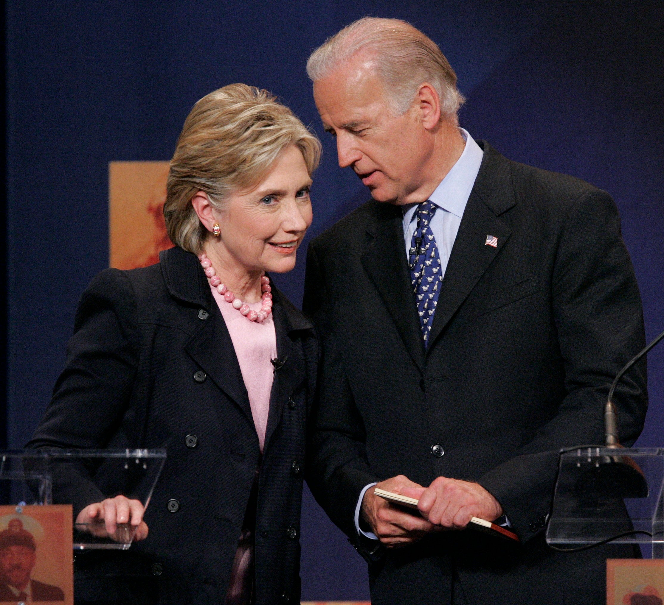 Clinton participated in debates with both Biden and Trump. She is seen here in a Democratic primary debate with Biden ahead of the 2008 election