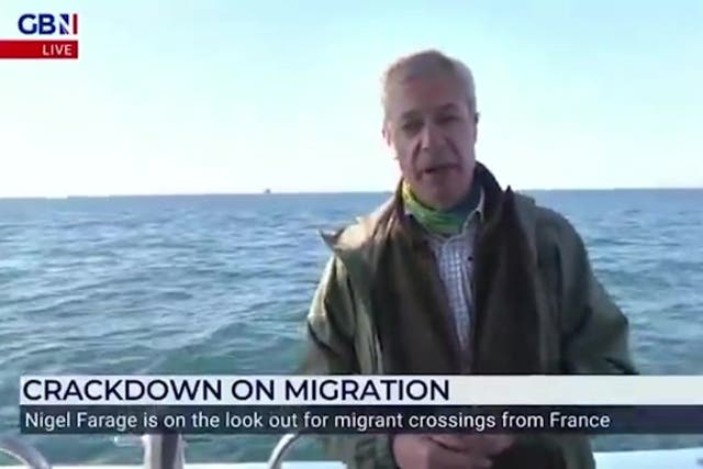 <p>Nigel Farage goes out on English Channel looking for migrants crossing.</p>