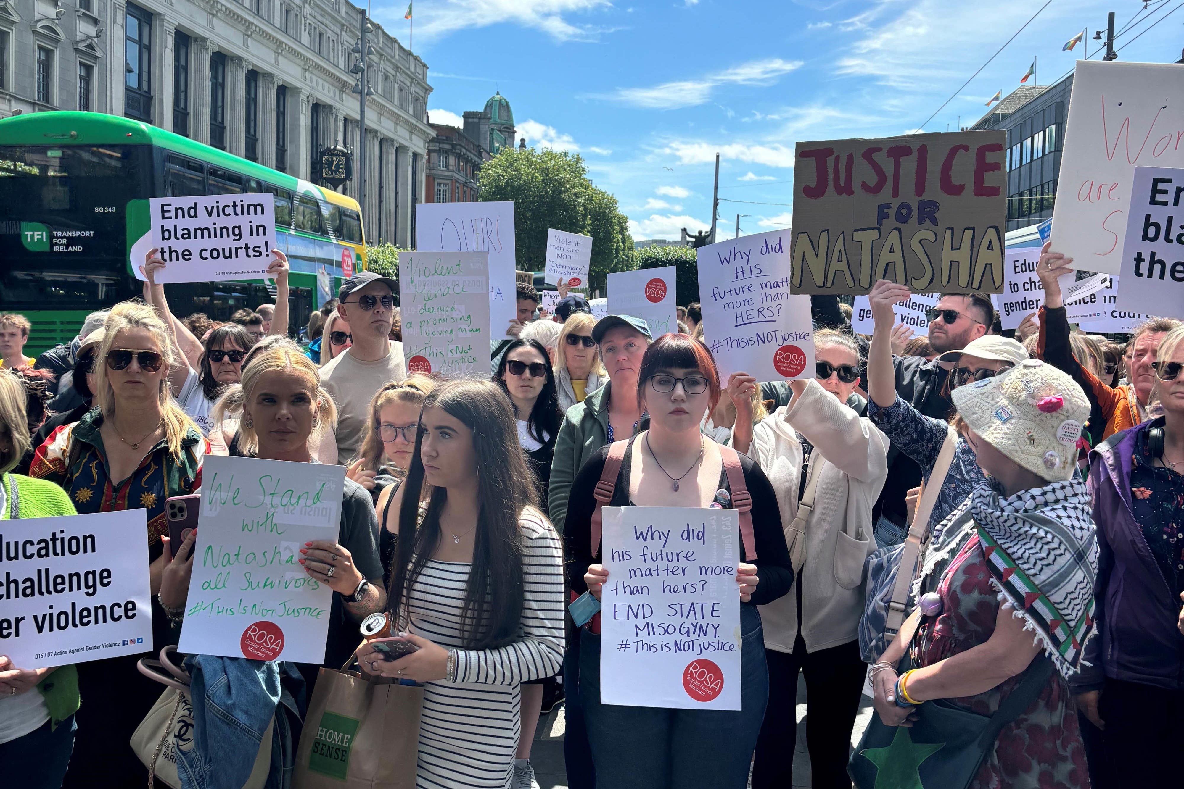 Protesters gather in Dublin in solidarity with Natasha O’Brien who was attacked by Cathal Crotty, a serving member of the Defence Forces, who walked free from court after he was given a three-year suspended sentence for attacking Natasha O’Brien (Cate McCurry/PA)