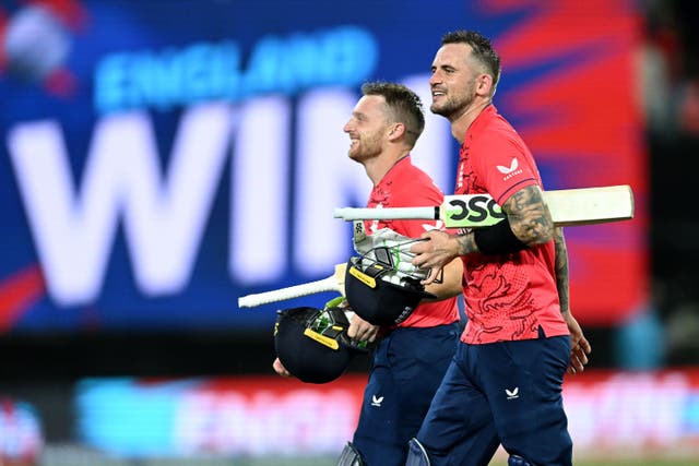 England’s Jos Buttler (left) and Alex Hales celebrate following victory over India in the T20 World Cup semi-final in 2022 (PA Archive)