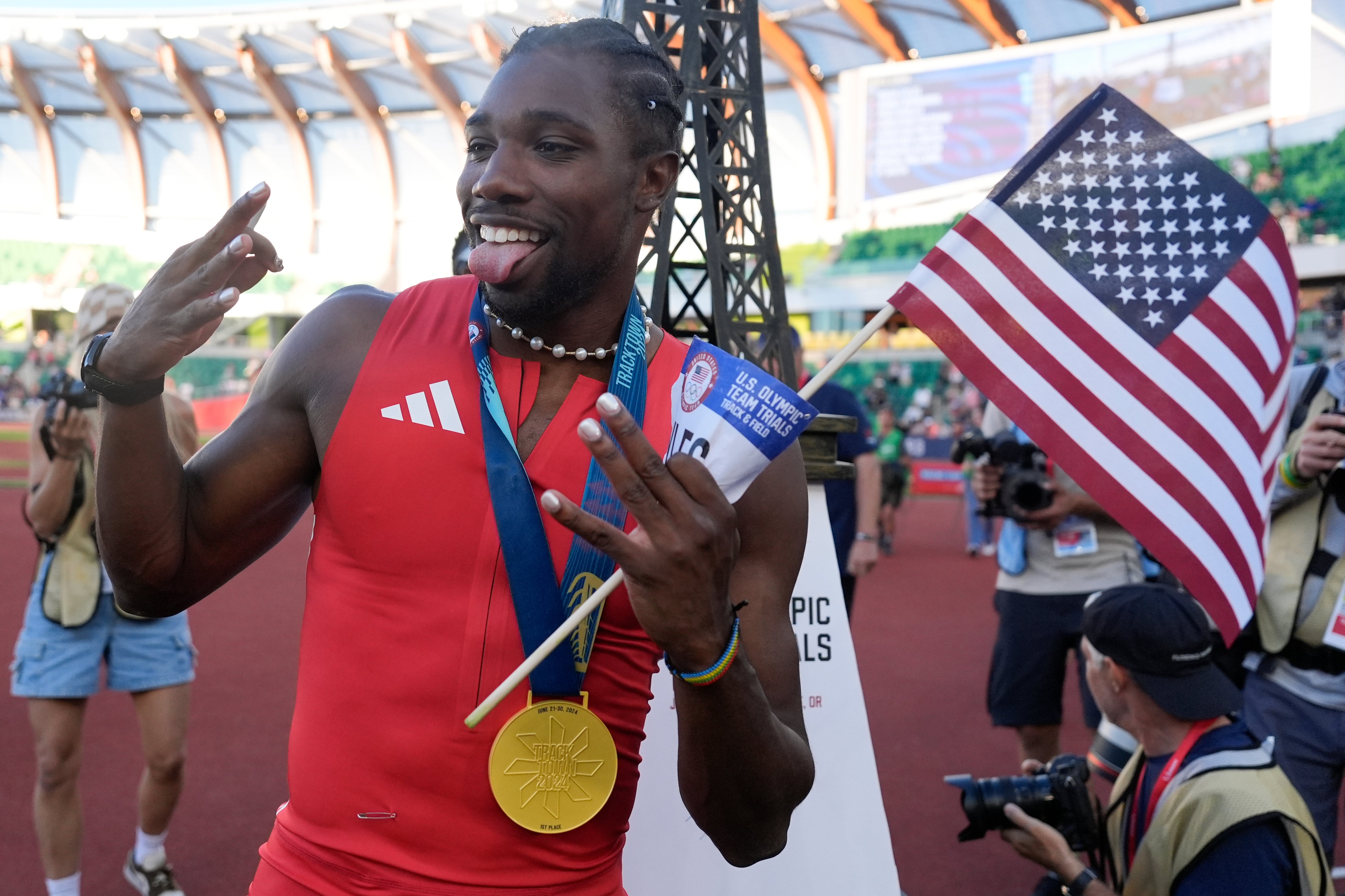 Noah Lyles in June, after winning the men’s 100m final at the US track and field Olympic trials