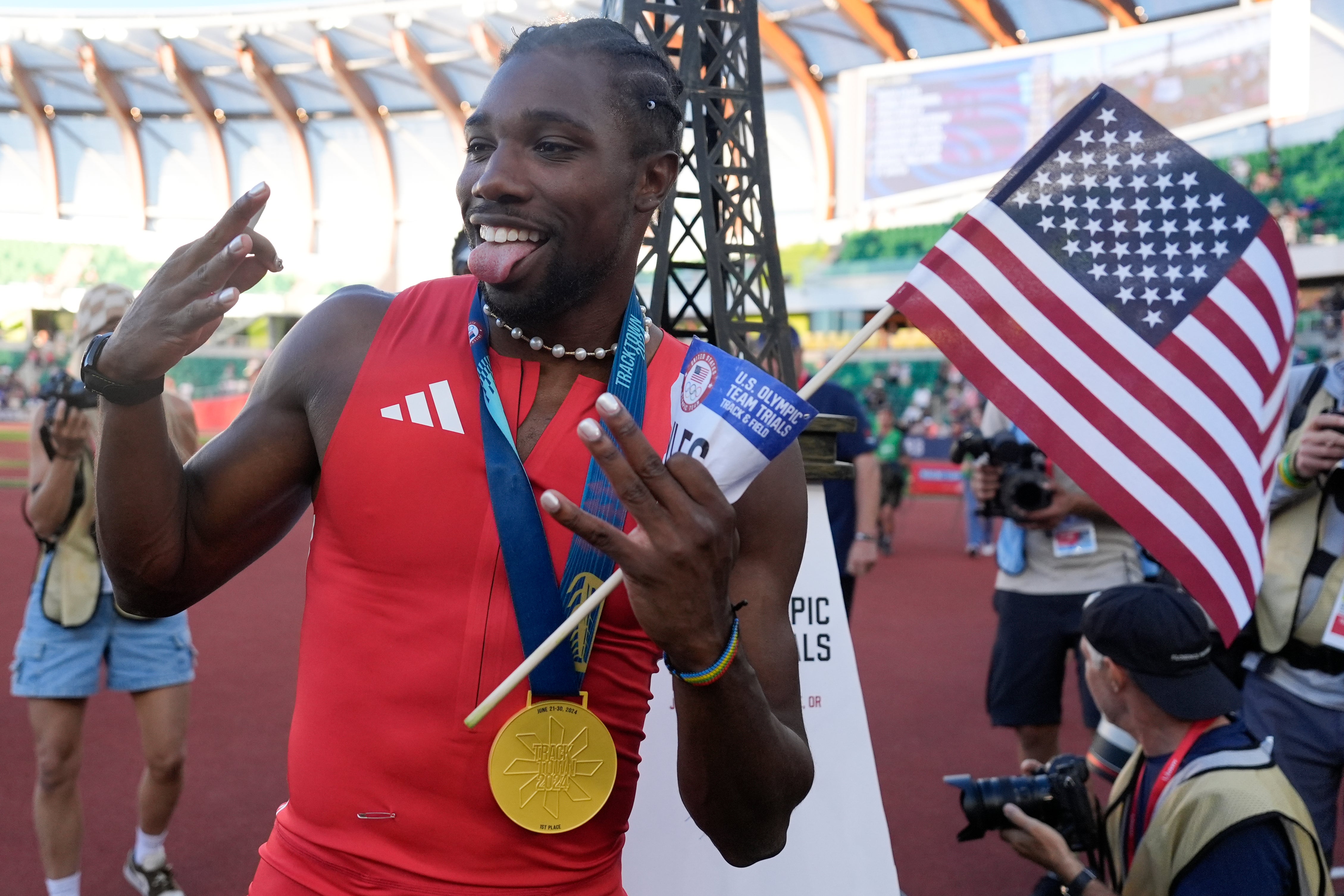 Noah Lyles celebrates winning the men's 100m final during the US Track and Field Olympic Team Trials in Eugene, Oregon, on June 23 2024