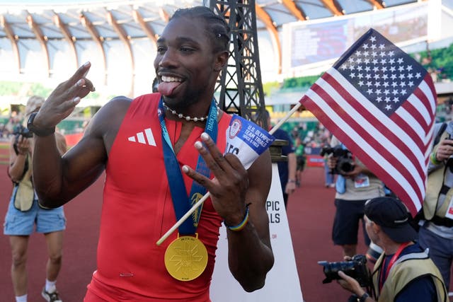 <p>Noah Lyles celebrates winning the men’s 100m final during the US Track and Field Olympic Team Trials in Eugene, Oregon, on June 23 2024</p>