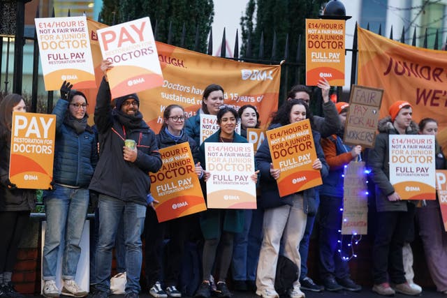 Junior doctors and members of the BMA outside the Royal Victoria Infirmary in Newcastle (Owen Humphreys/PA)