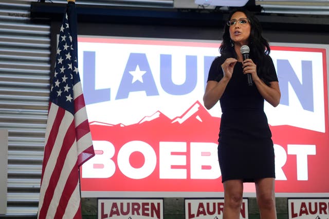 <p>Republican congresswoman Lauren Boebert speaks to supporters during a primary election watch party Tuesday, June 25, 2024, in Windsor, Colorado. </p>