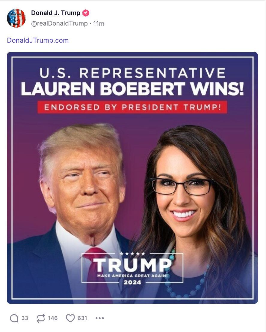 Donald Trump has posted an endorsement for Lauren Boebert following her win in the GOP Colorado primary on Tuesday