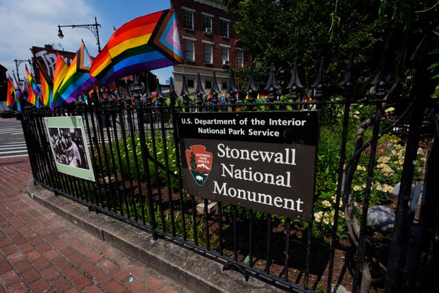 <p>A National Park Service sign marks the Stonewall National Monument outside the Stonewall Inn, Monday, June 17, 2024, in New York. The building will open as the new visitor center for the Stonewall National Monument on Friday, June 28, the anniversary of the 1969 rebellion that helped reshape LGBTQ+ life in the US </p>