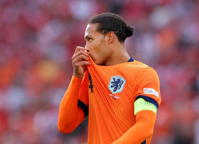 <p>Virgil van Dijk reacts after Netherlands’ defeat by Austria</p>