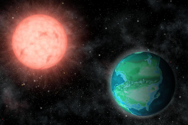 <p>Artist impression of a young Earth around a red Sun.</p>