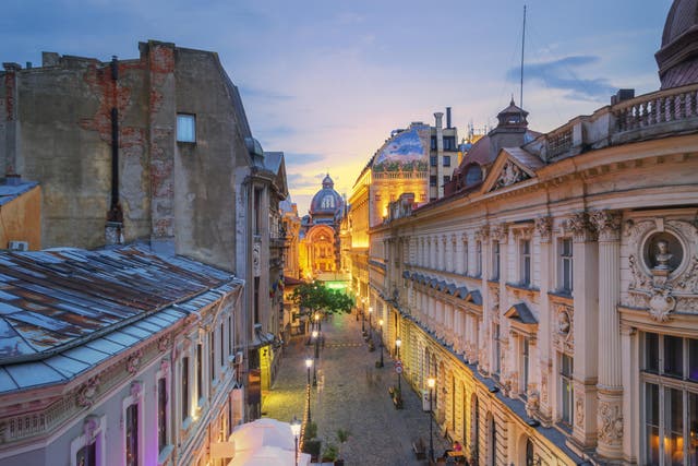 <p>Early evening in Bucharest’s Old Town</p>