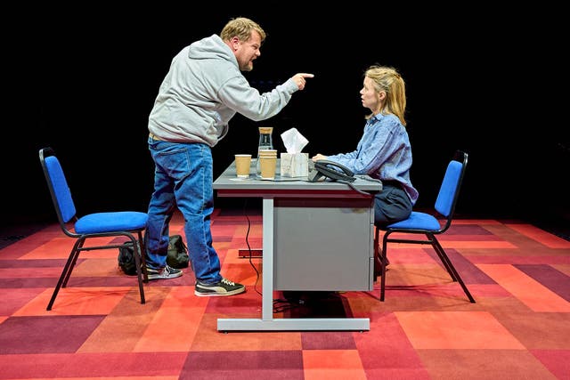 <p>James Corden and Anna Maxwell Martin in ‘The Constituent’ at The Old Vic</p>