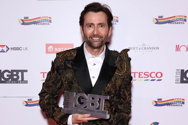 <p>David Tennant poses with the Celebrity Ally award at The British LGBT Awards 2024 in London on Friday</p>