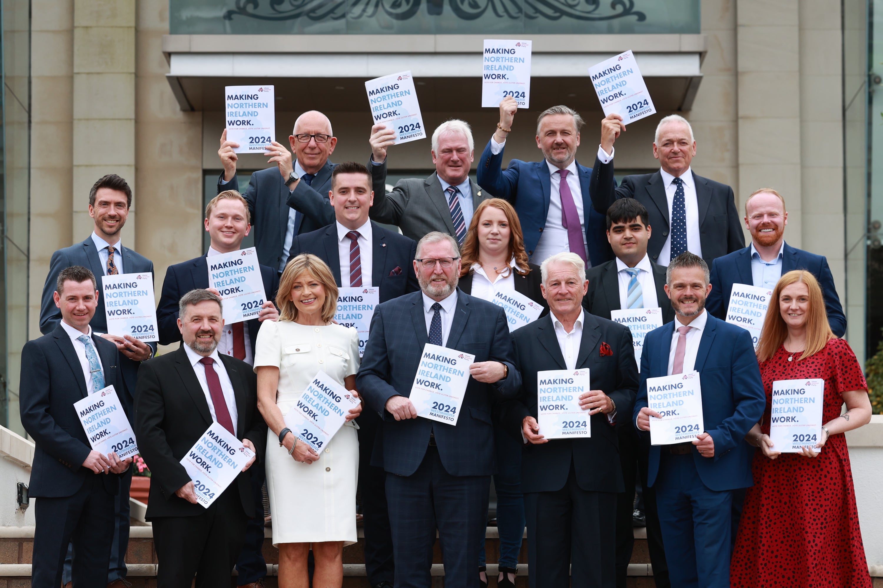 Doug Beattie (front centre), leader of the Ulster Unionist Party (UUP) stands with party candidates following the party's manifesto launch at the Stormont Hotel in Belfast