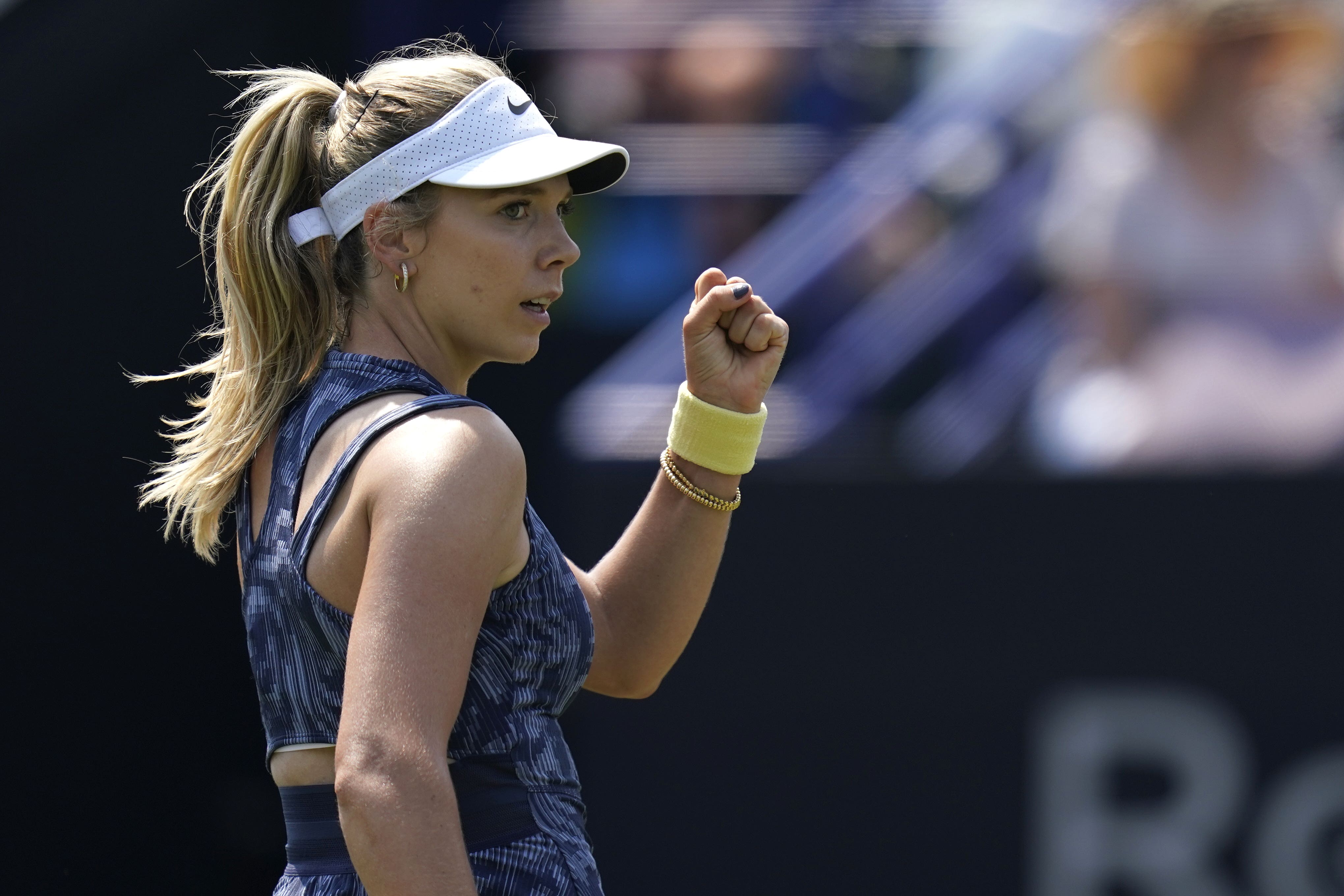 Katie Boulter celebrates winning a point against Jelena Ostapenko in Eastbourne (Andrew Matthews/PA)