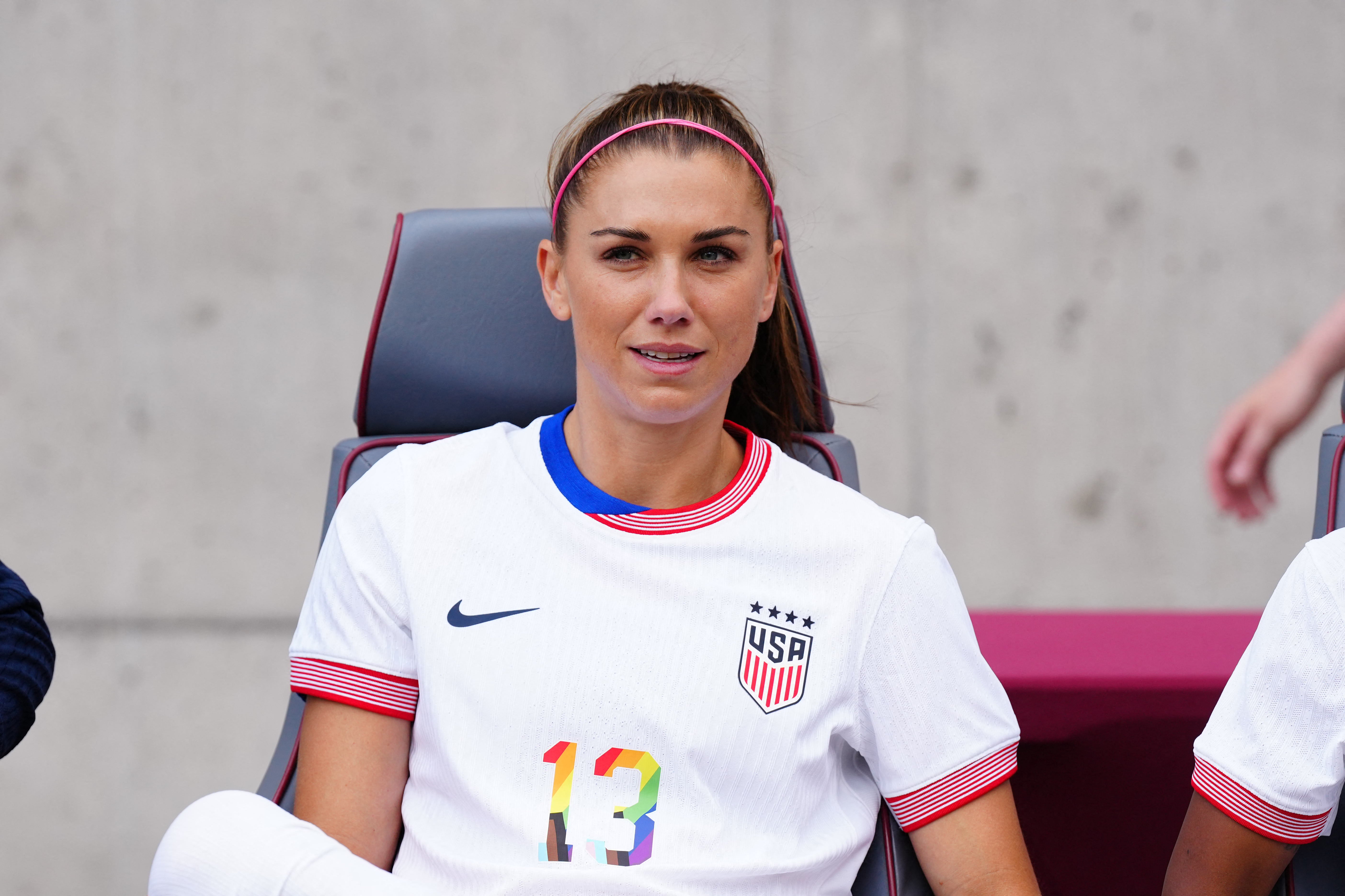 Alex Morgan (13) looks on during the first half against Korea Republic