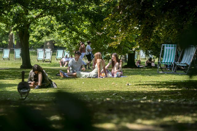 Members of the public enjoy the summer sun in Green Park in London (Jeff Moore/PA)