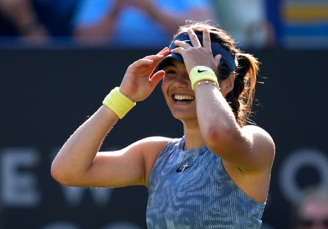 <p>Emma Raducanu celebrates after her impressive victory at Eastbourne </p>