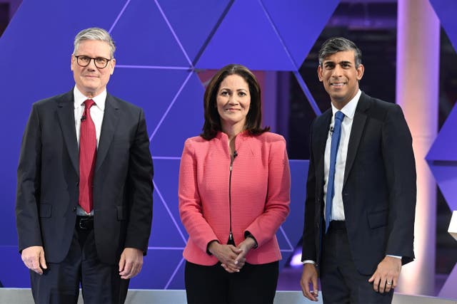 <p>Presenter Mishal Husain with Prime Minister Rishi Sunak and Labour leader Sir Keir Starmer during their BBC head-to-head debate in Nottingham (Jeff Overs/BBC/PA)</p>
