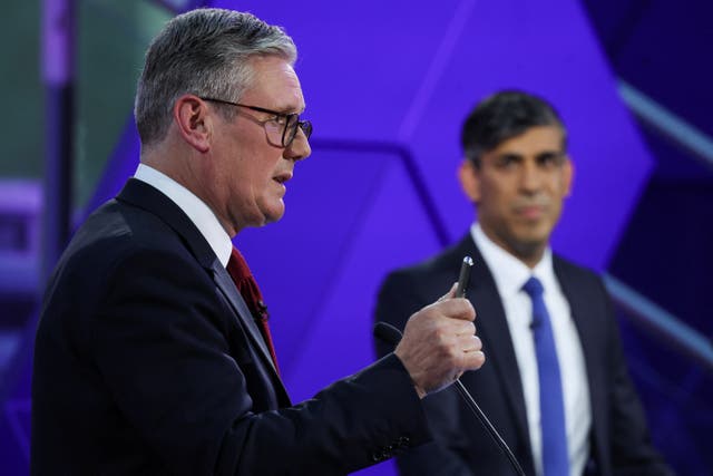 <p>Sir Keir Starmer and Rishi Sunak argue during the final TV debate (Phil Noble/PA)</p>