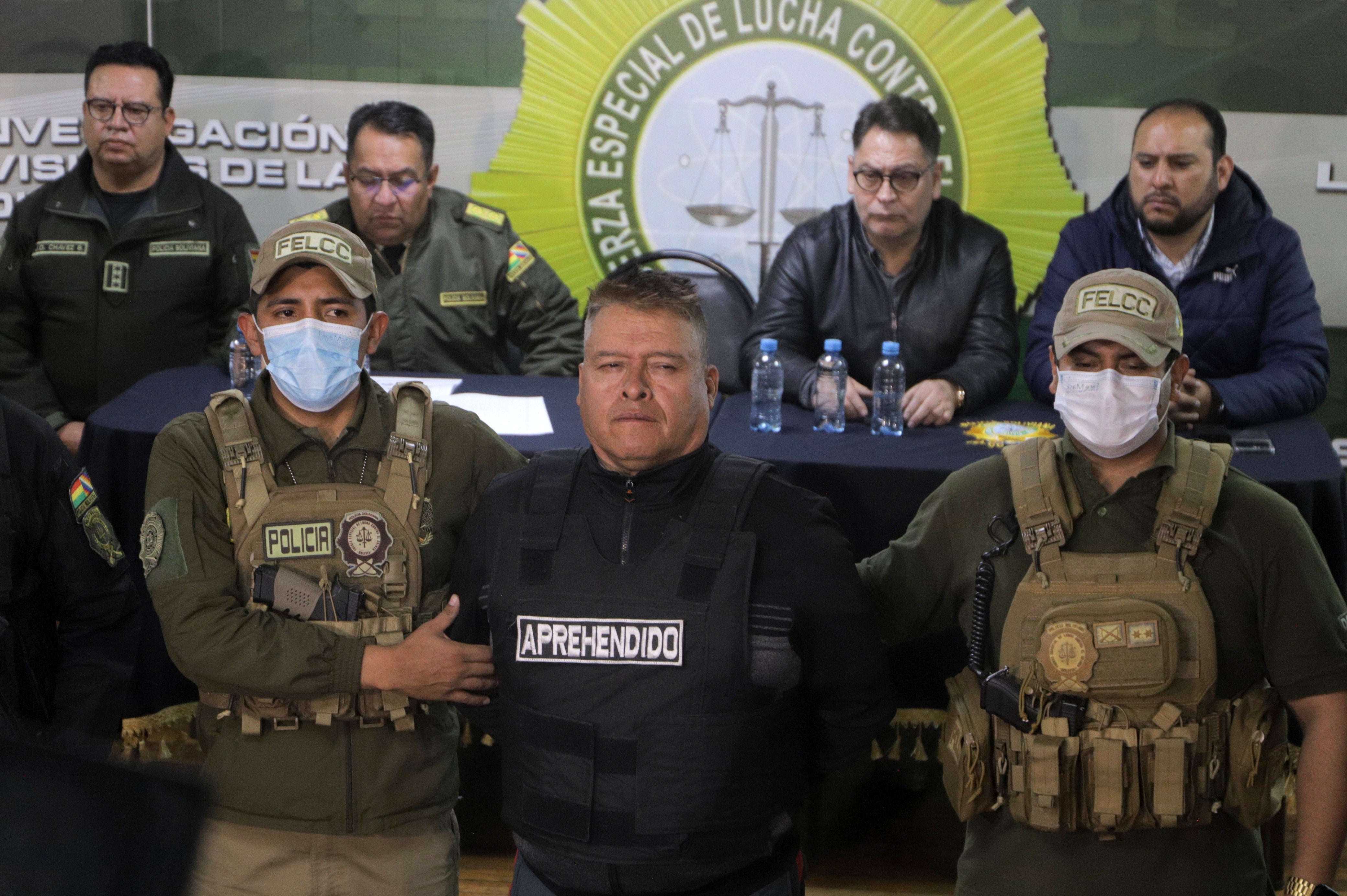Dismissed Bolivian Army general commander Juan Jose Zuniga is presented at the premises of the Special Force Against Crime after his arrest for being part of a military takeover against the government, in La Paz, Bolivia