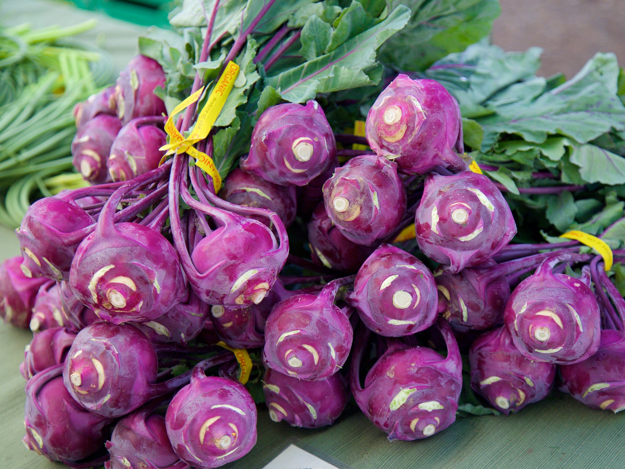 The purple kohlrabi is slightly less common than its pale green cousin
