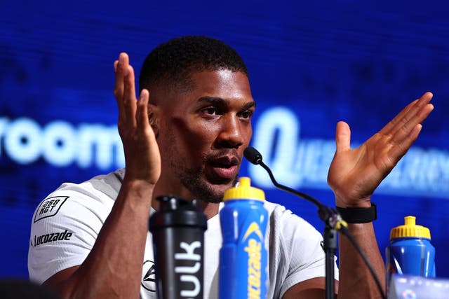 <p>Anthony Joshua at a press conference for his fight with Daniel Dubois</p>