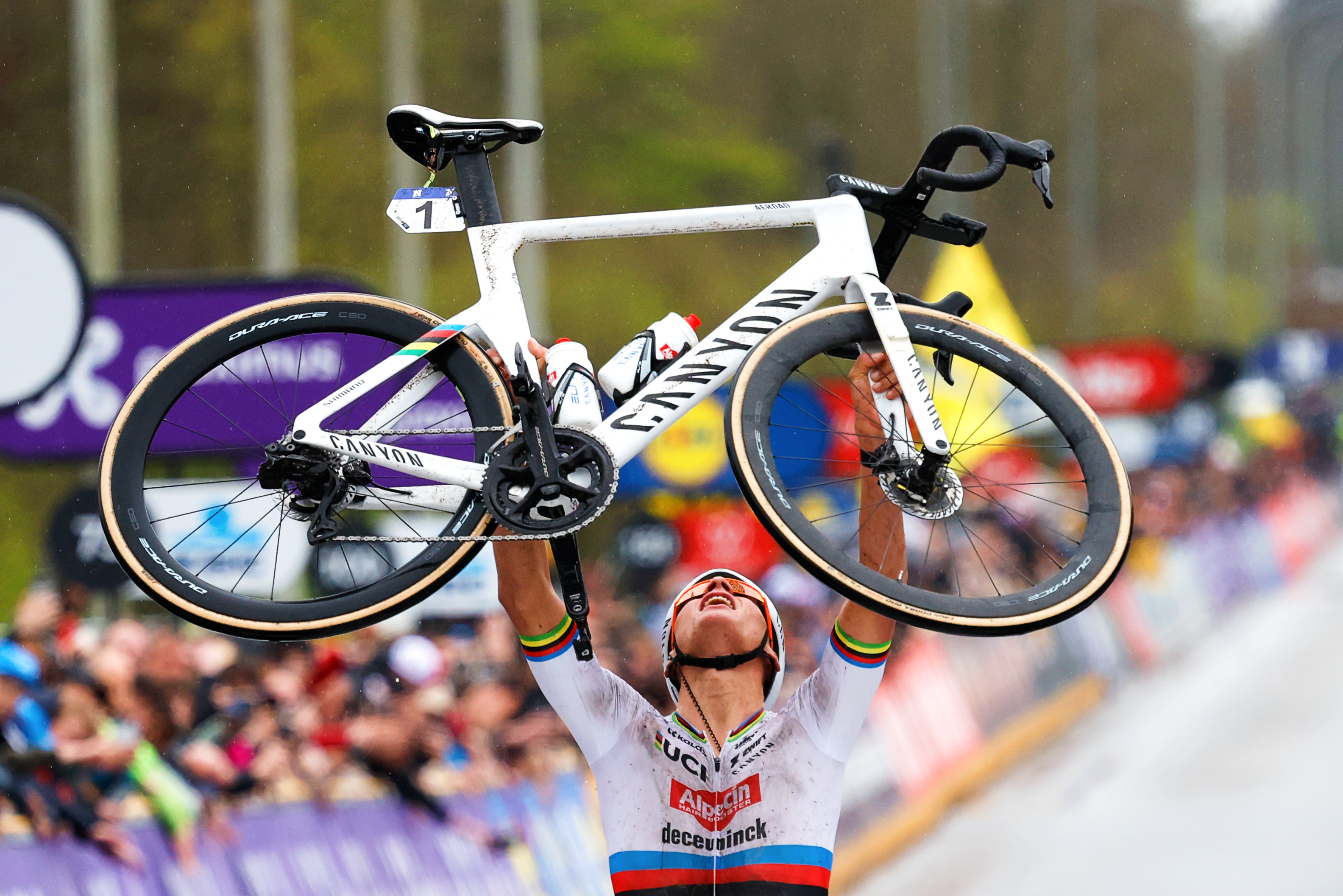 Mathieu van der Poel raises his bike in triumph at the finish of the Tour of Flanders