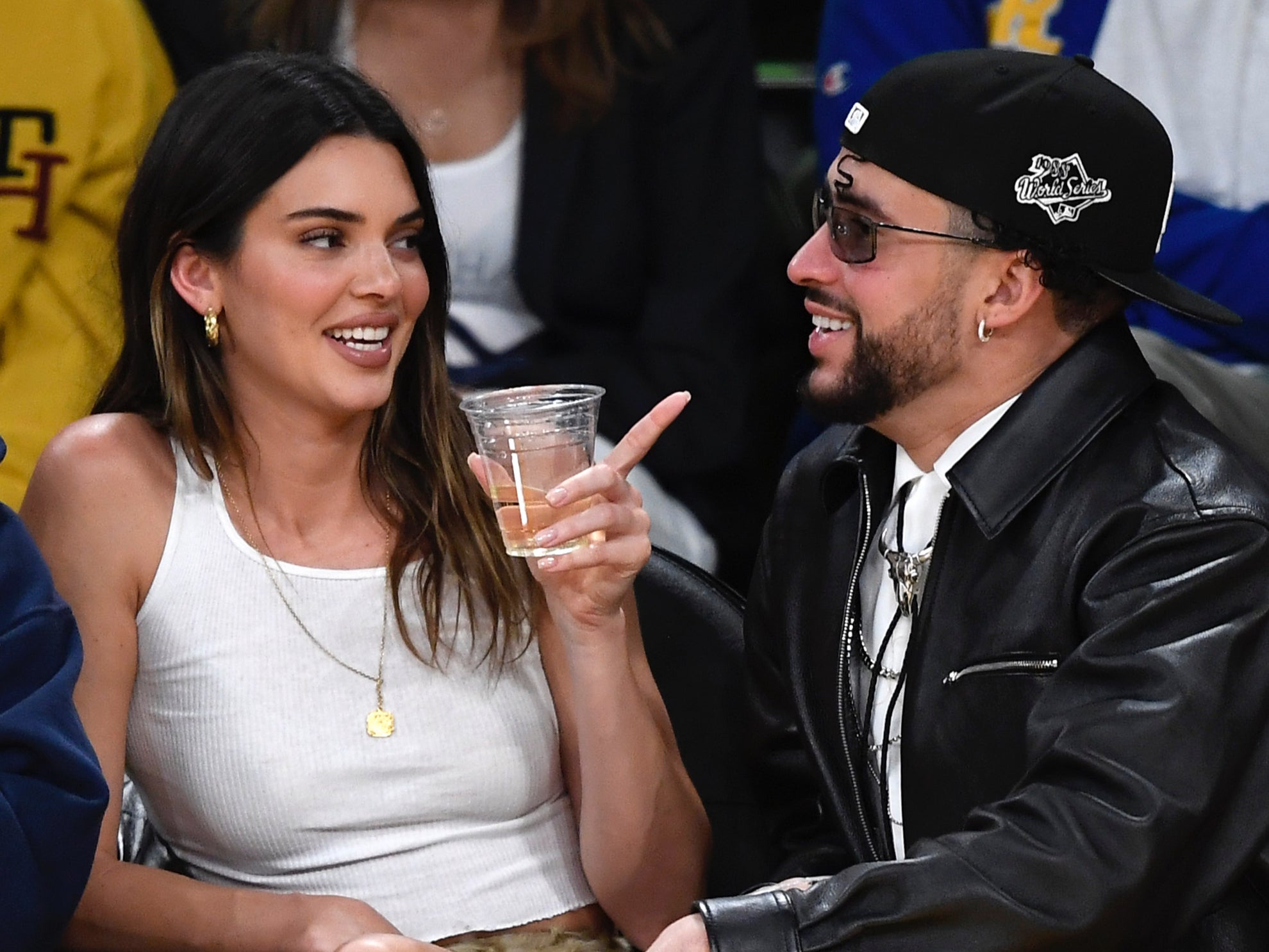Kendall Jenner and Bad bunny at a Lakers and Golden State Warriors game in Los Angeles in May 2023