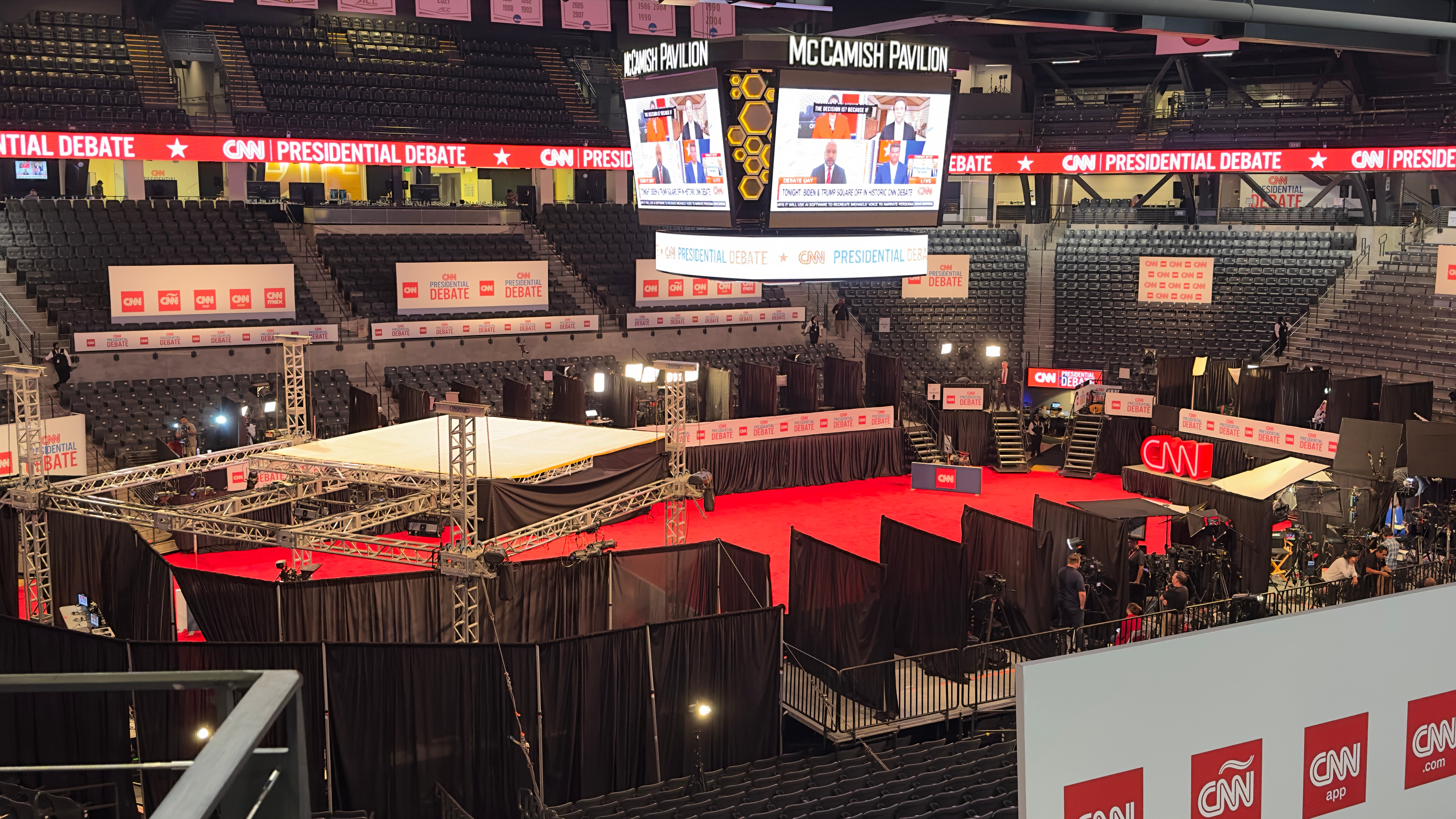 The press filing center and spin room for the June 27 debate between Joe Biden and Donald Trump are pictured in this photo