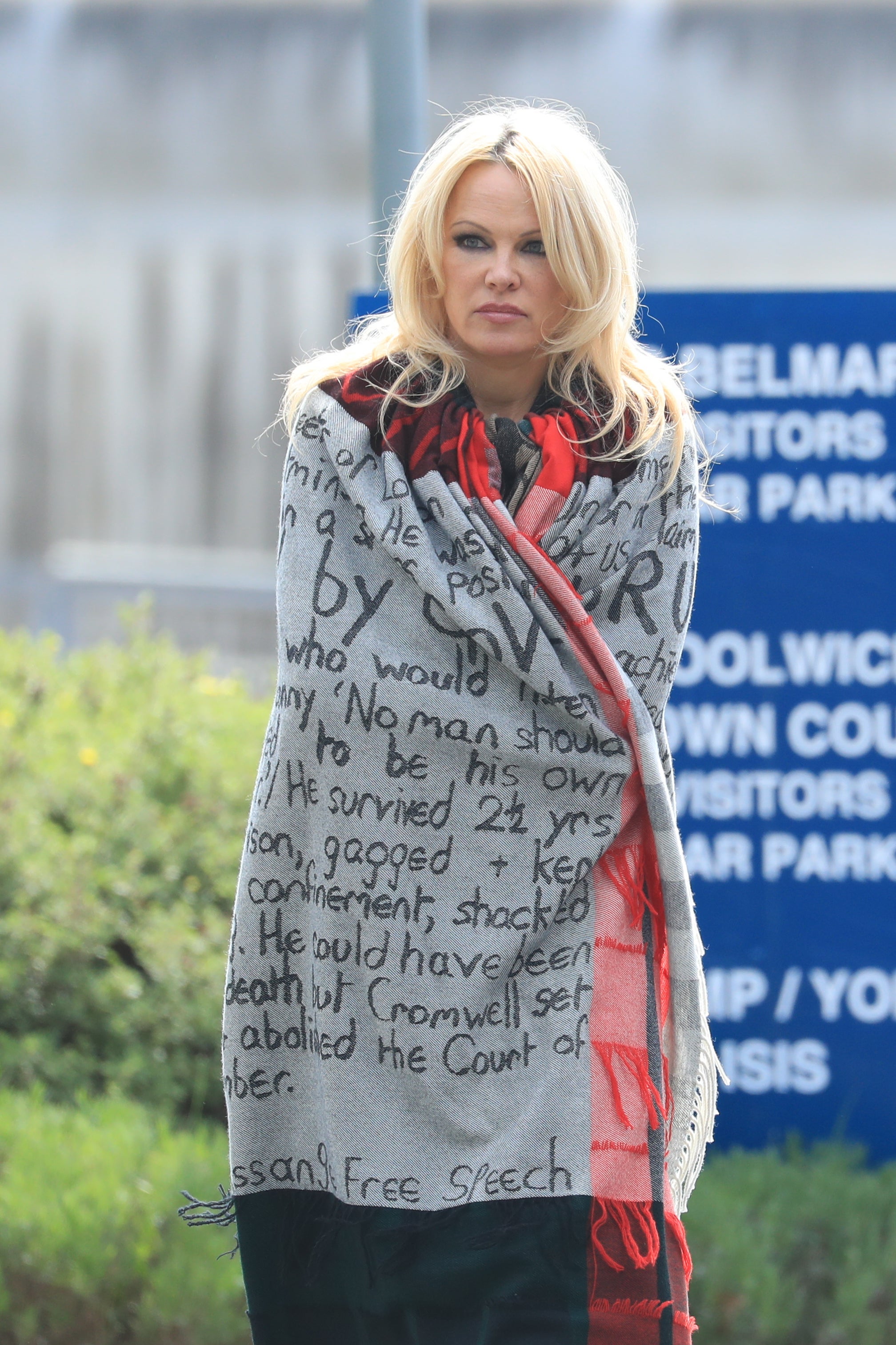 Actress Pamela Anderson leaving Belmarsh prison after visiting Julian Assange (PA)