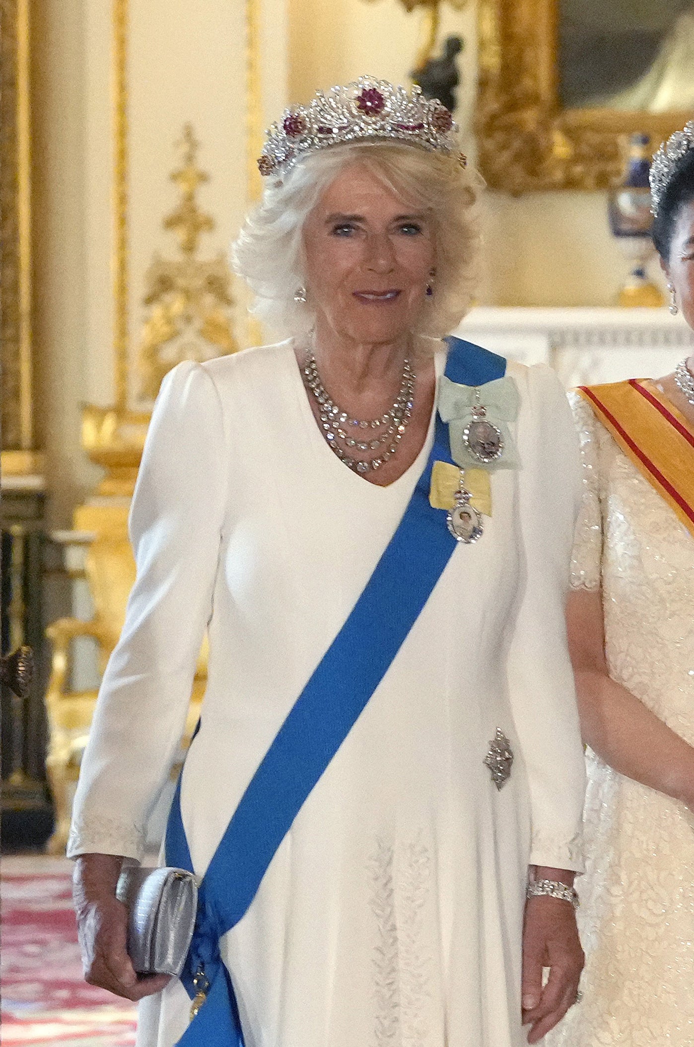 Queen Camilla wearing the King’s new Family Order at the Japanese state banquet (Kirsty Wigglesworth/PA)
